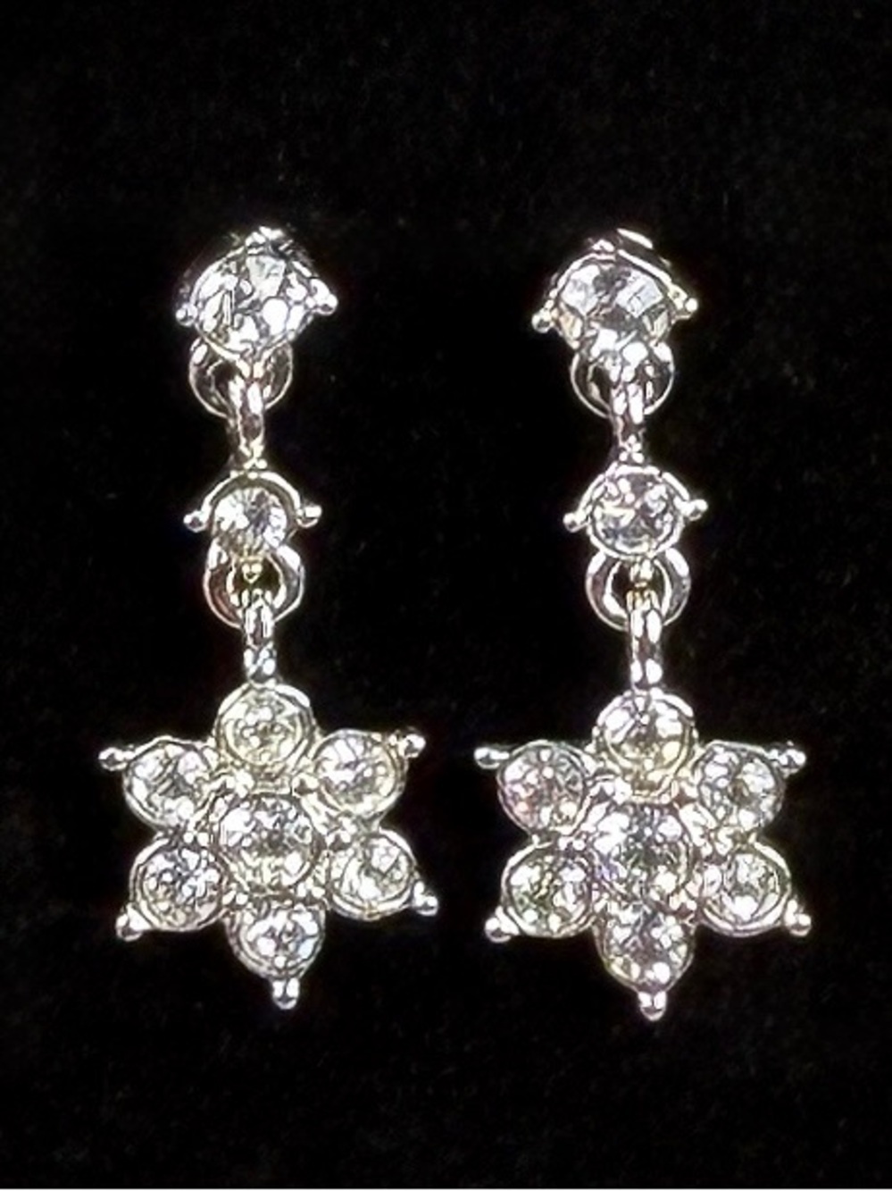 Silvertone Floral Flower Crystal Drop Pierced Earrings